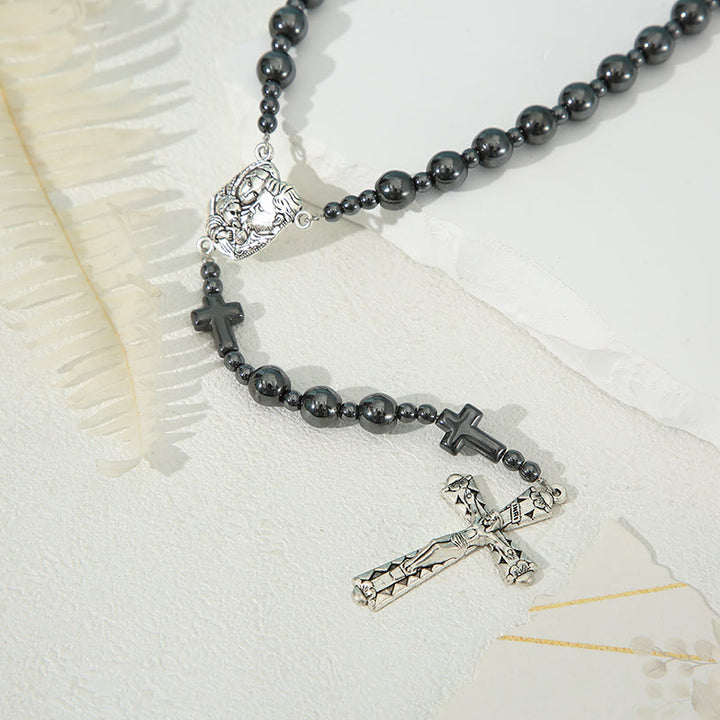 Christianartworkshop Holy Family & Crucifix of 8 mm Round Black Gallstone Nylon Cord Rosary