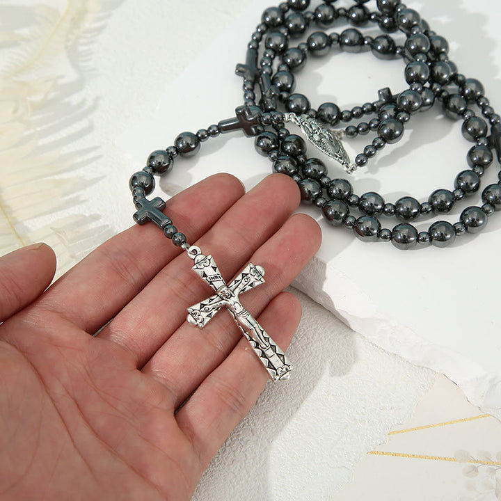 Christianartworkshop Holy Family & Crucifix of 8 mm Round Black Gallstone Nylon Cord Rosary