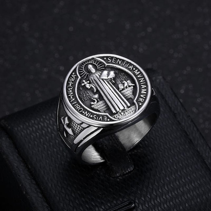 Christianartworkshop Classic Retro St. Benedict Faith Protection Crafted Titanium Steel Ring - image 3
