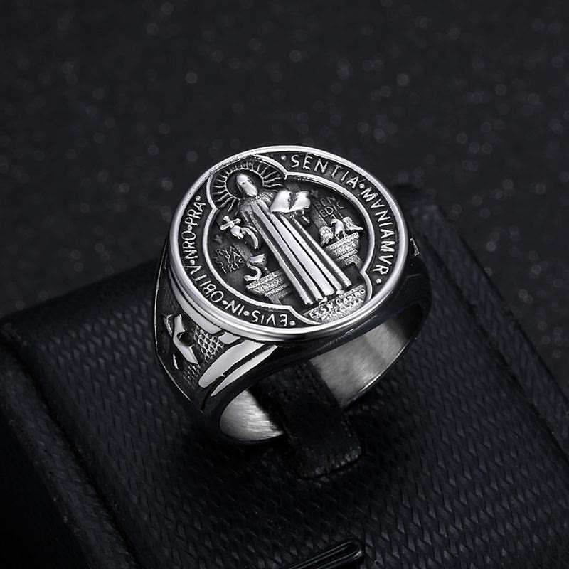 Christianartworkshop Classic Retro St. Benedict Faith Protection Crafted Titanium Steel Ring