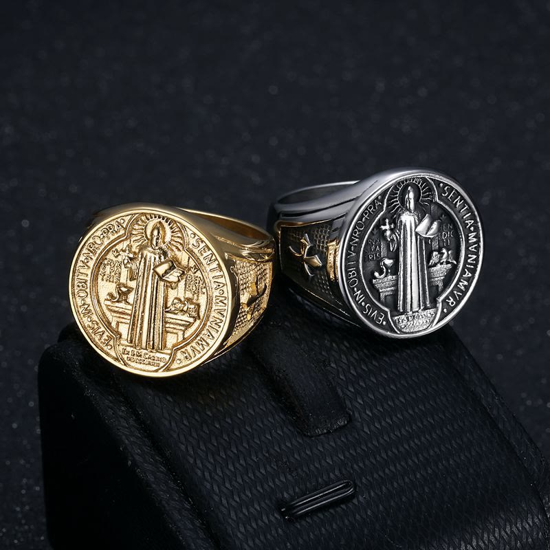 Christianartworkshop Classic Retro St. Benedict Faith Protection Crafted Titanium Steel Ring