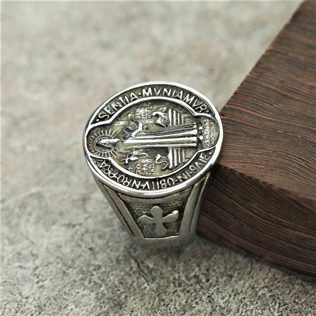 Christianartworkshop Classic Retro St. Benedict Faith Protection Crafted Titanium Steel Ring - image 6