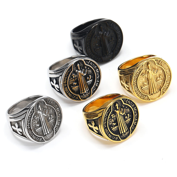 Christianartworkshop Classic Retro St. Benedict Faith Protection Crafted Titanium Steel Ring