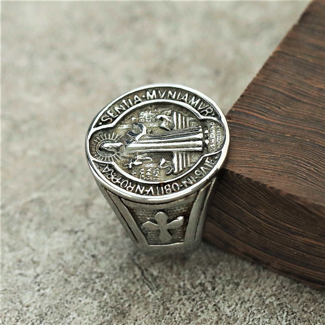 Christianartworkshop Classic Retro St. Benedict Faith Protection Crafted Titanium Steel Ring