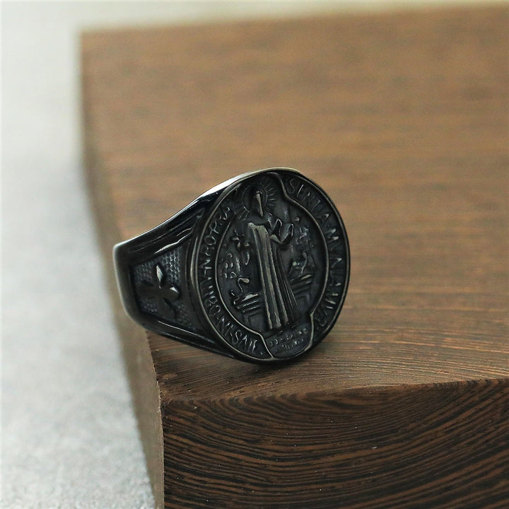 Christianartworkshop Classic Retro St. Benedict Faith Protection Crafted Titanium Steel Ring