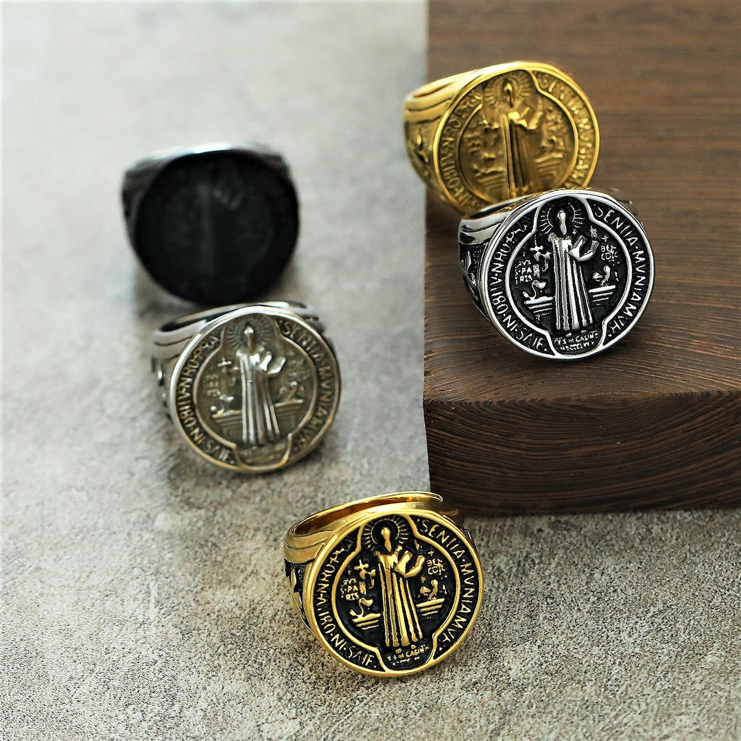 Christianartworkshop Classic Retro St. Benedict Faith Protection Crafted Titanium Steel Ring - image 0