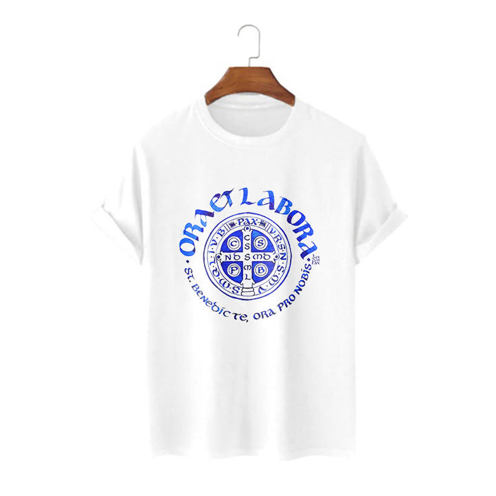 Christianartworkshop Classic Style Ora et Labora Saint Benedict Medal Short Sleeve Washed T-shirt