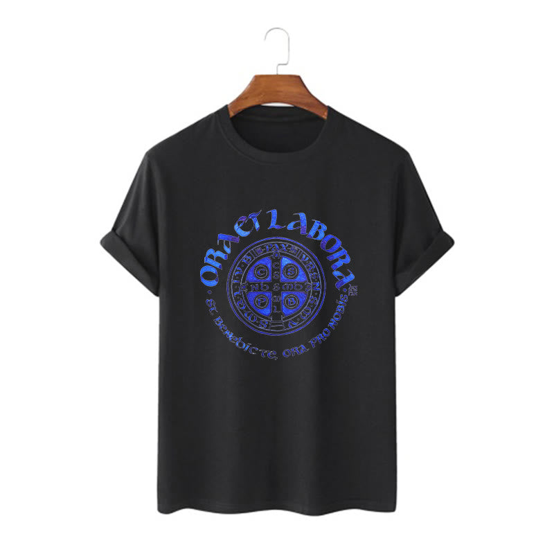 Christianartworkshop Classic Style Ora et Labora Saint Benedict Medal Short Sleeve Washed T-shirt - Black - 2XL - image 4