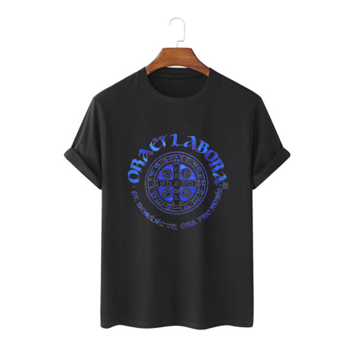 Christianartworkshop Classic Style Ora et Labora Saint Benedict Medal Short Sleeve Washed T-shirt - Black - 2XL - image 4