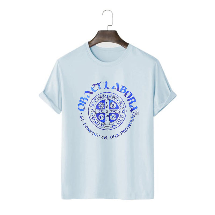 Christianartworkshop Classic Style Ora et Labora Saint Benedict Medal Short Sleeve Washed T-shirt - Blue - 2XL - image 14