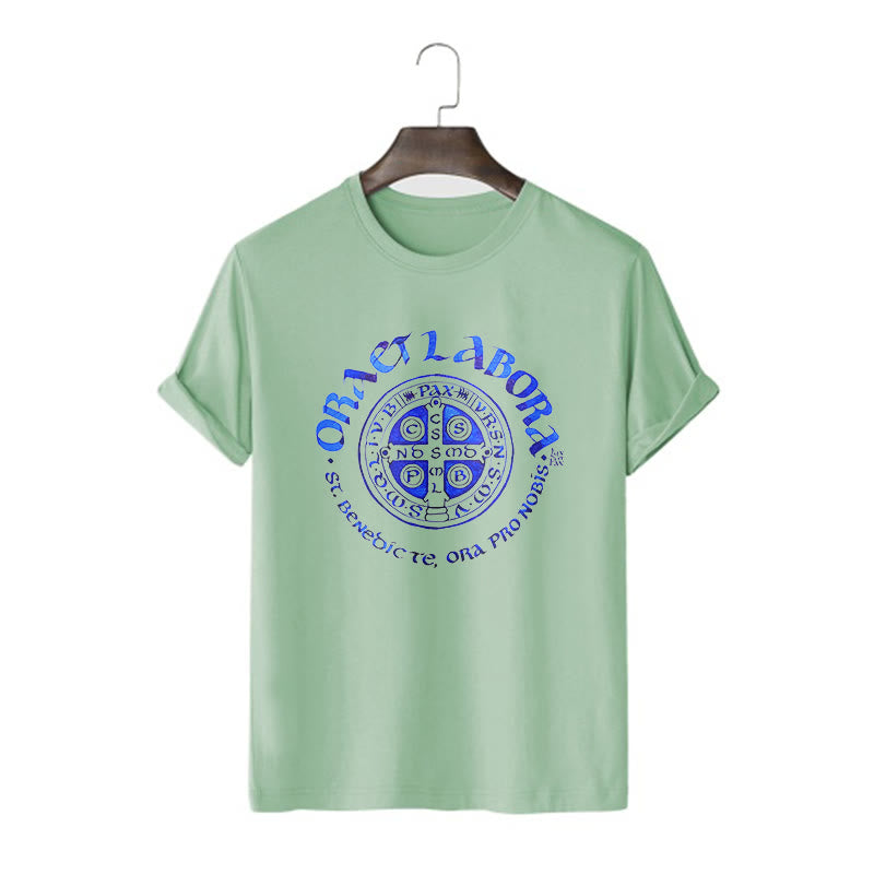 Christianartworkshop Classic Style Ora et Labora Saint Benedict Medal Short Sleeve Washed T-shirt - Light Green - 2XL - image 9