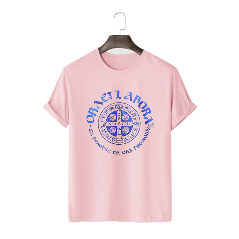 Christianartworkshop Classic Style Ora et Labora Saint Benedict Medal Short Sleeve Washed T-shirt - Pink - 2XL - image 10