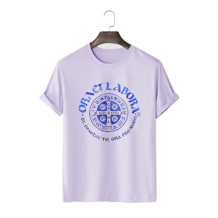 Christianartworkshop Classic Style Ora et Labora Saint Benedict Medal Short Sleeve Washed T-shirt - Purple - 2XL - image 12