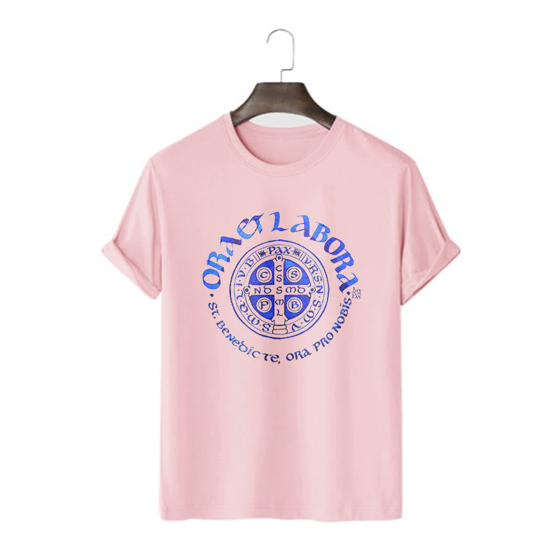 Christianartworkshop Classic Style Ora et Labora Saint Benedict Medal Short Sleeve Washed T-shirt