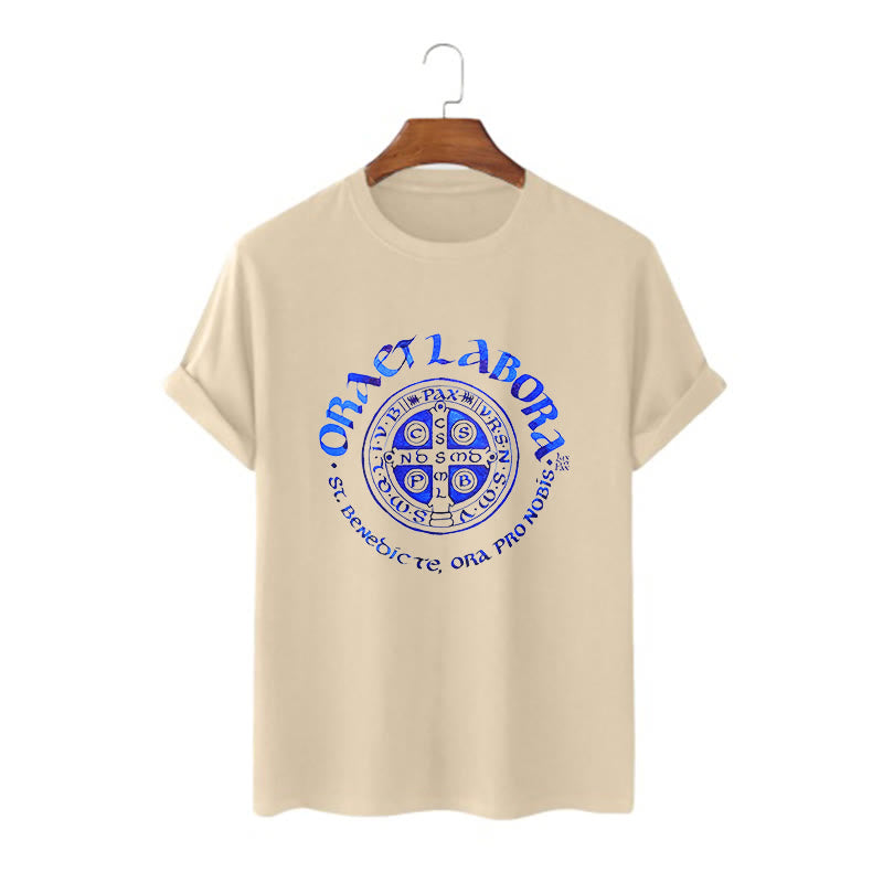 Christianartworkshop Classic Style Ora et Labora Saint Benedict Medal Short Sleeve Washed T-shirt - Khaki - 2XL - image 6