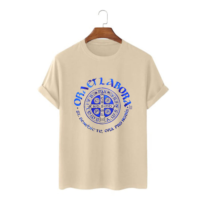 Christianartworkshop Classic Style Ora et Labora Saint Benedict Medal Short Sleeve Washed T-shirt - Khaki - 2XL - image 6