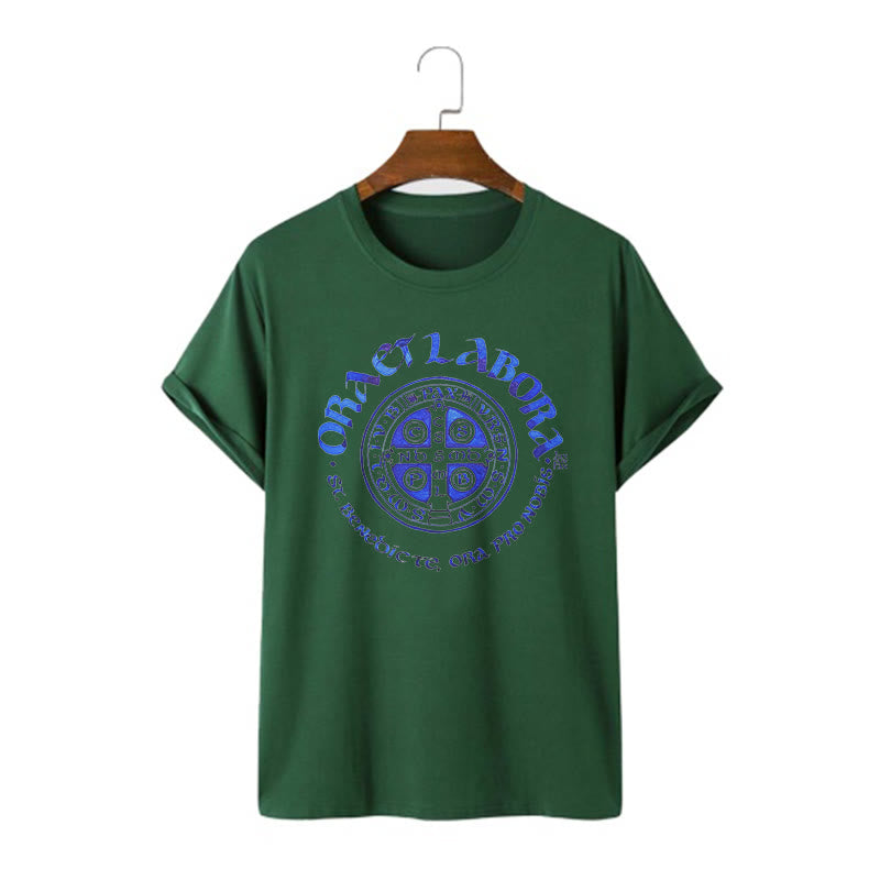Christianartworkshop Classic Style Ora et Labora Saint Benedict Medal Short Sleeve Washed T-shirt - Dark Green - 2XL - image 8
