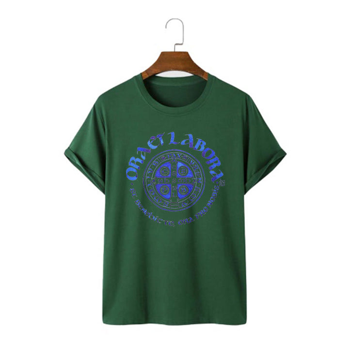 Christianartworkshop Classic Style Ora et Labora Saint Benedict Medal Short Sleeve Washed T-shirt - Dark Green - 2XL - image 8
