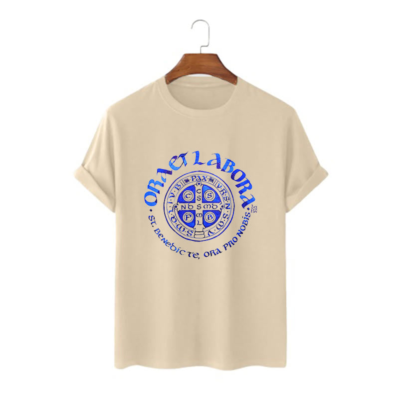 Christianartworkshop Classic Style Ora et Labora Saint Benedict Medal Short Sleeve Washed T-shirt