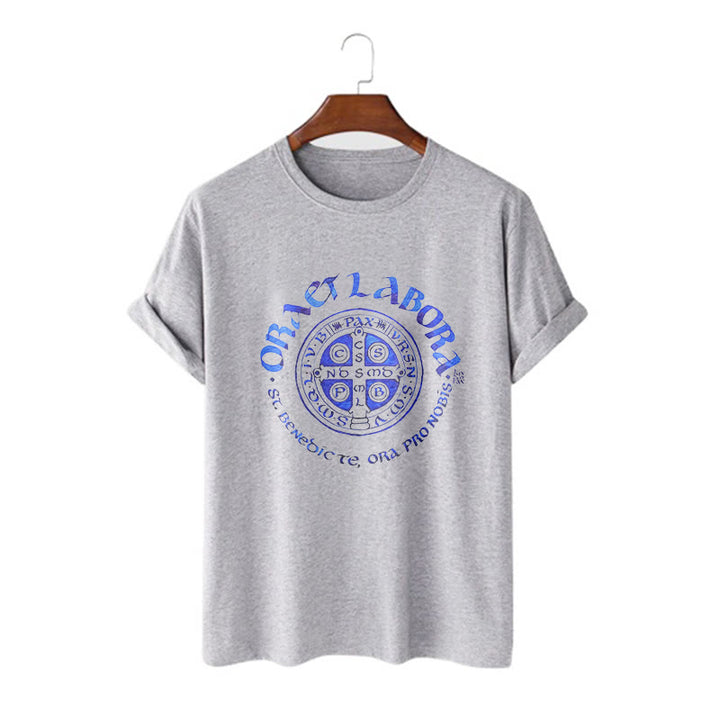 Christianartworkshop Classic Style Ora et Labora Saint Benedict Medal Short Sleeve Washed T-shirt