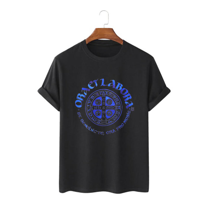 Christianartworkshop Classic Style Ora et Labora Saint Benedict Medal Short Sleeve Washed T-shirt