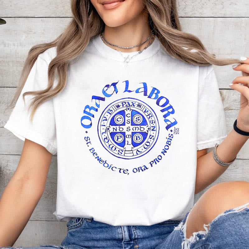 Christianartworkshop Classic Style Ora et Labora Saint Benedict Medal Short Sleeve Washed T-shirt - image 1