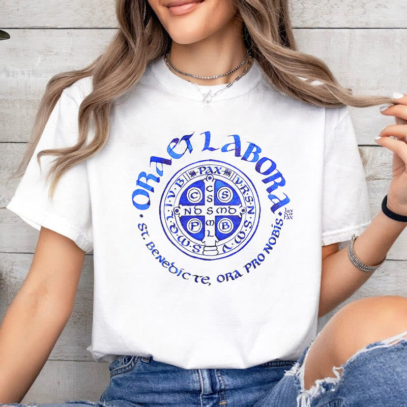 Christianartworkshop Classic Style Ora et Labora Saint Benedict Medal Short Sleeve Washed T-shirt