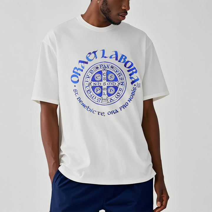 Christianartworkshop Classic Style Ora et Labora Saint Benedict Medal Short Sleeve Washed T-shirt