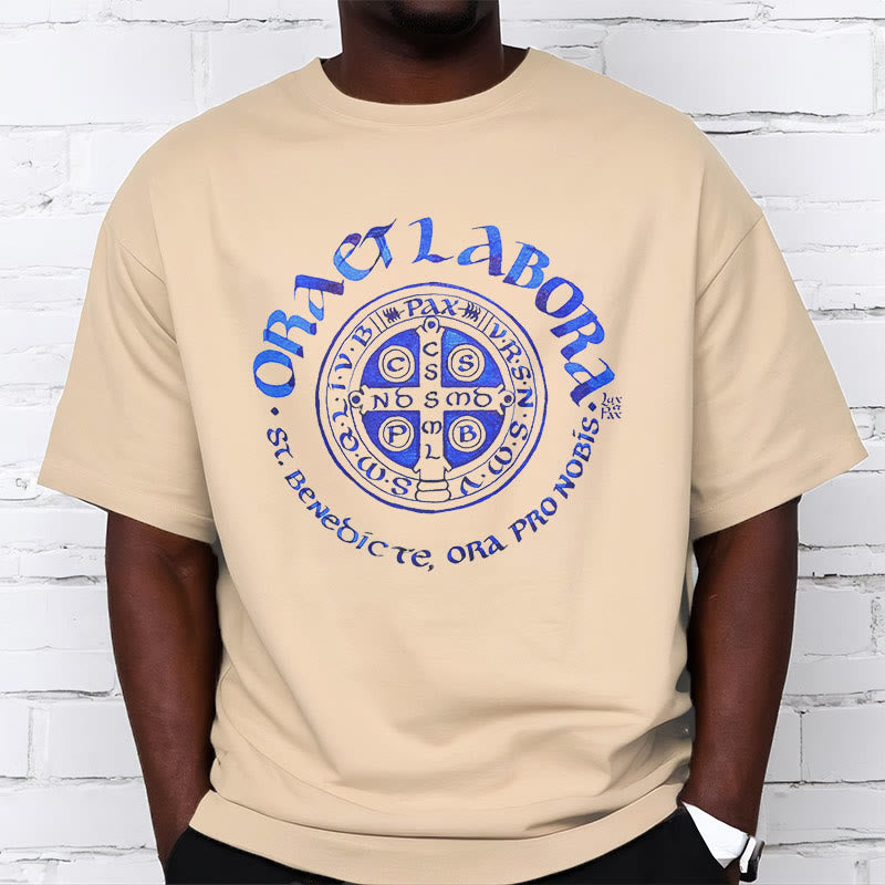 Christianartworkshop Classic Style Ora et Labora Saint Benedict Medal Short Sleeve Washed T-shirt