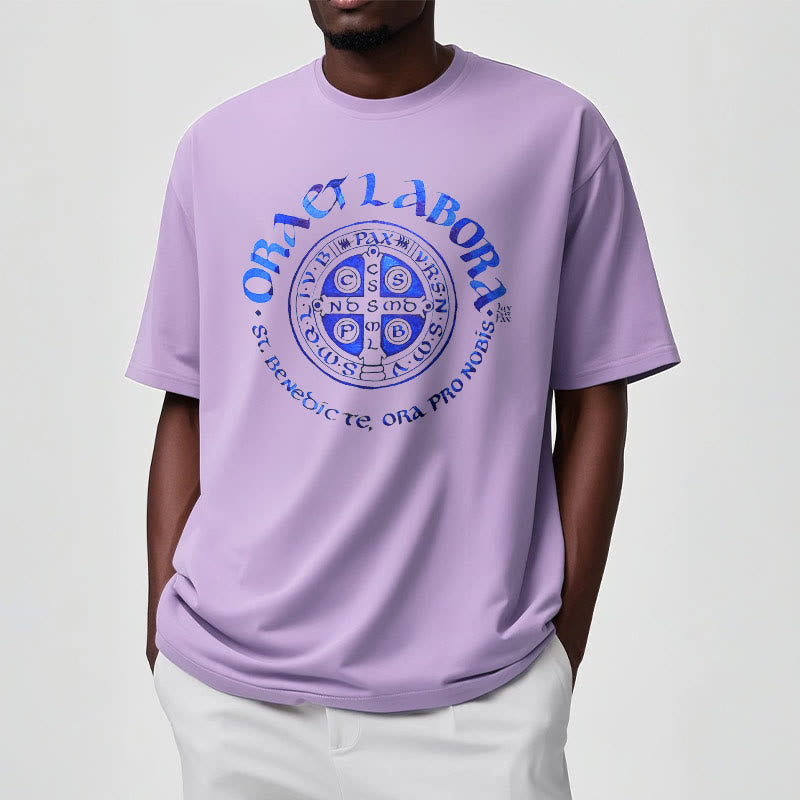 Christianartworkshop Classic Style Ora et Labora Saint Benedict Medal Short Sleeve Washed T-shirt