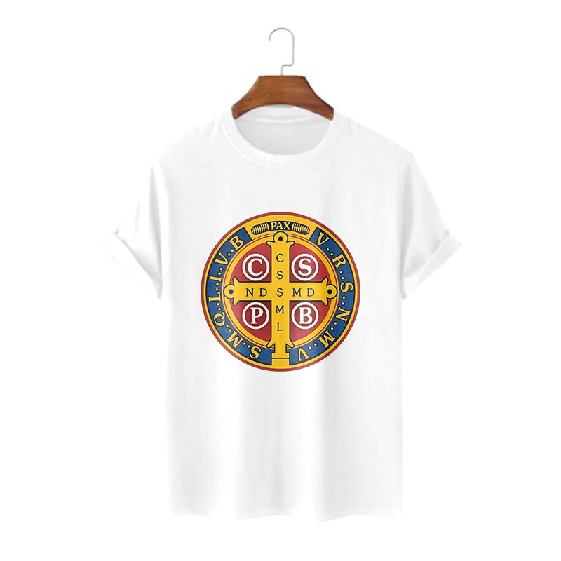 Christianartworkshop Classic Style Golden St. Benedict Medal Short Sleeve T-shirt - White - 2XL - image 4