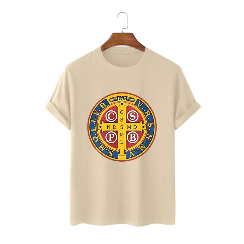 Christianartworkshop Classic Style Golden St. Benedict Medal Short Sleeve Washed T-shirt