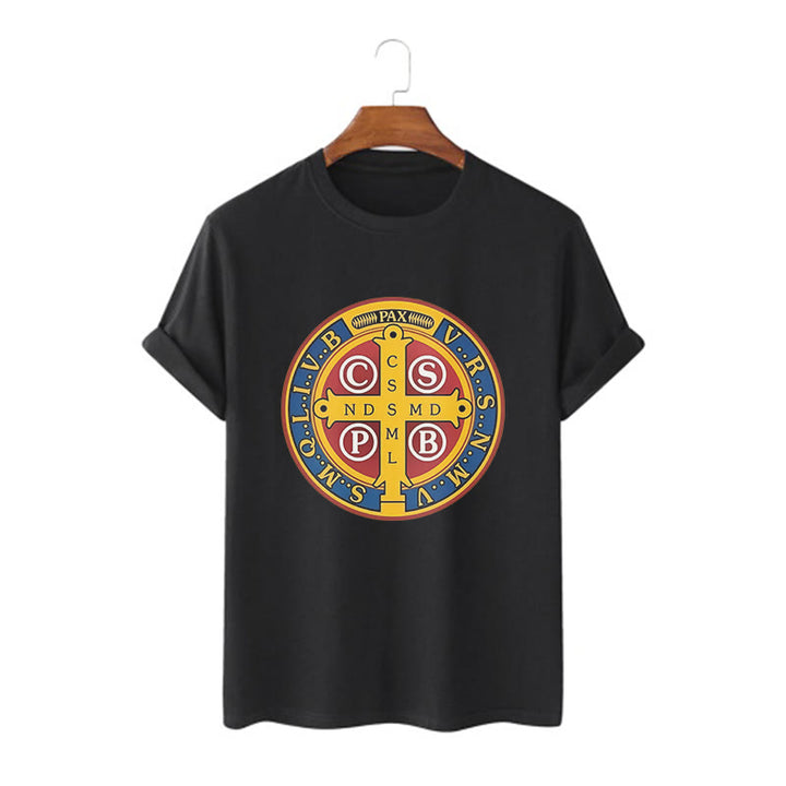 Christianartworkshop Classic Style Golden St. Benedict Medal Short Sleeve Washed T-shirt