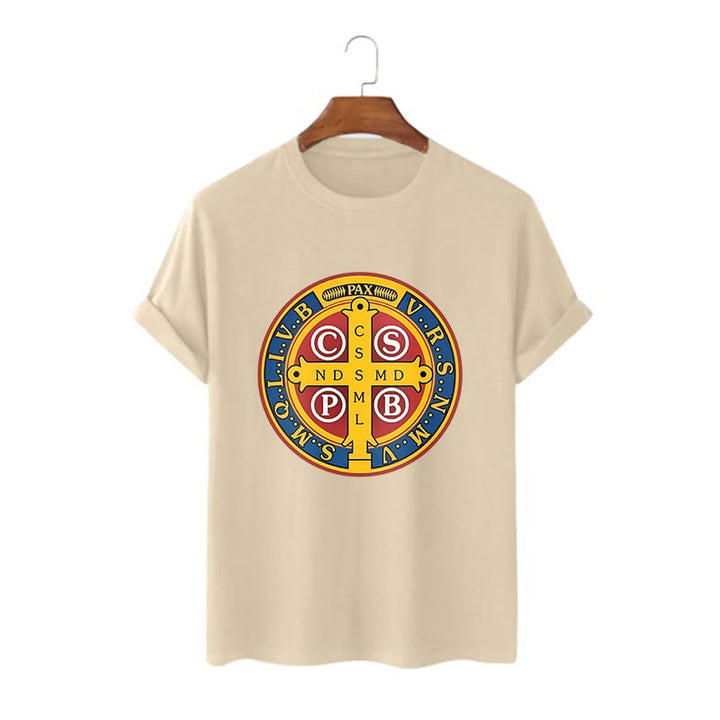 Christianartworkshop Classic Style Golden St. Benedict Medal Short Sleeve T-shirt - Khaki - 2XL - image 8
