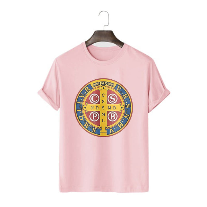 Christianartworkshop Classic Style Golden St. Benedict Medal Short Sleeve Washed T-shirt