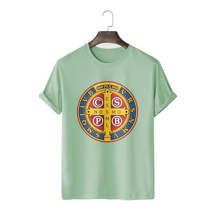 Christianartworkshop Classic Style Golden St. Benedict Medal Short Sleeve Washed T-shirt