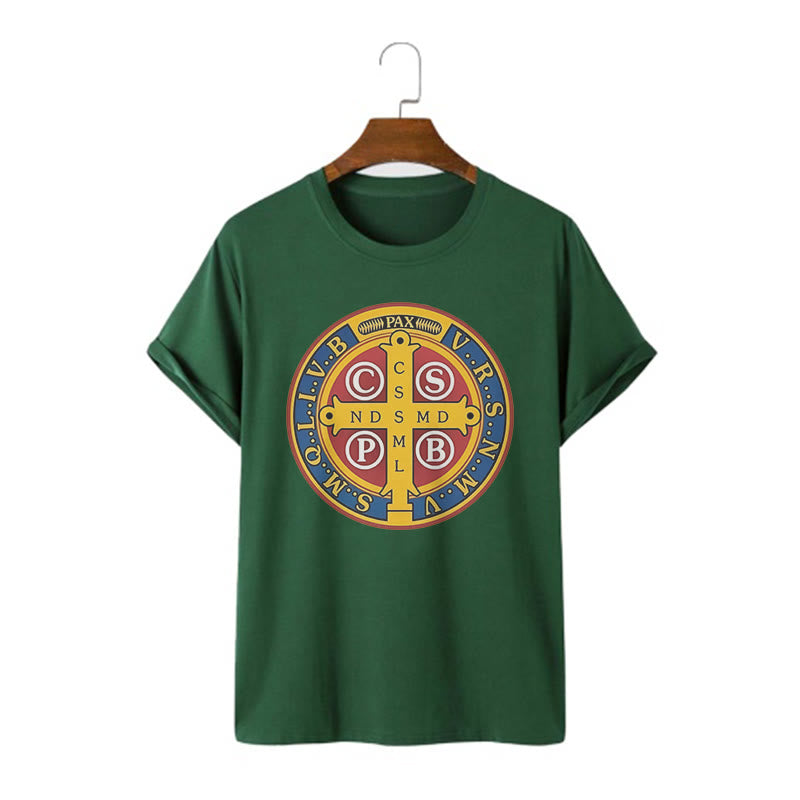 Christianartworkshop Classic Style Golden St. Benedict Medal Short Sleeve Washed T-shirt