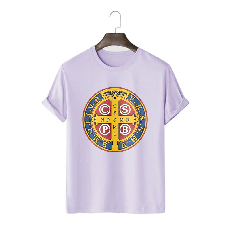 Christianartworkshop Classic Style Golden St. Benedict Medal Short Sleeve T-shirt - Purple - 2XL - image 16