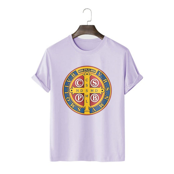 Christianartworkshop Classic Style Golden St. Benedict Medal Short Sleeve T-shirt - Purple - 2XL - image 16