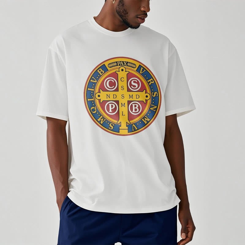 Christianartworkshop Classic Style Golden St. Benedict Medal Short Sleeve Washed T-shirt