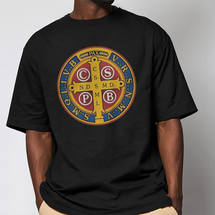 Christianartworkshop Classic Style Golden St. Benedict Medal Short Sleeve Washed T-shirt