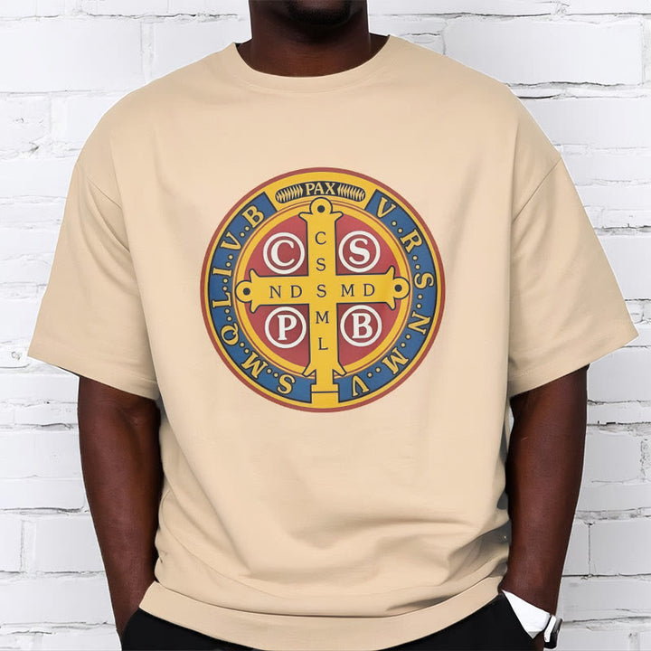 Christianartworkshop Classic Style Golden St. Benedict Medal Short Sleeve Washed T-shirt