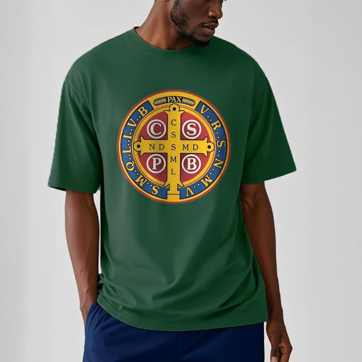 Christianartworkshop Classic Style Golden St. Benedict Medal Short Sleeve Washed T-shirt