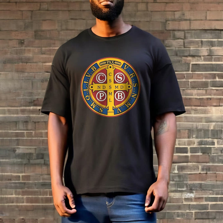 Christianartworkshop Classic Style Golden St. Benedict Medal Short Sleeve Washed T-shirt