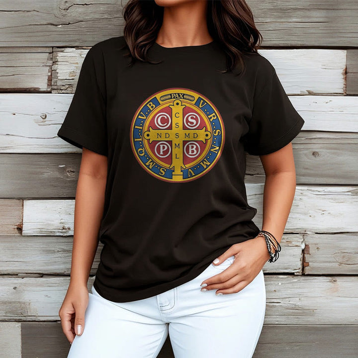 Christianartworkshop Classic Style Golden St. Benedict Medal Short Sleeve Washed T-shirt