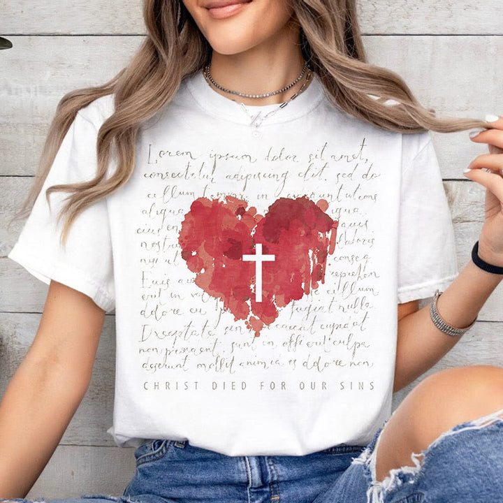 Christianartworkshop Fresh Style Cross and Heart Short Sleeve Washed T-shirt