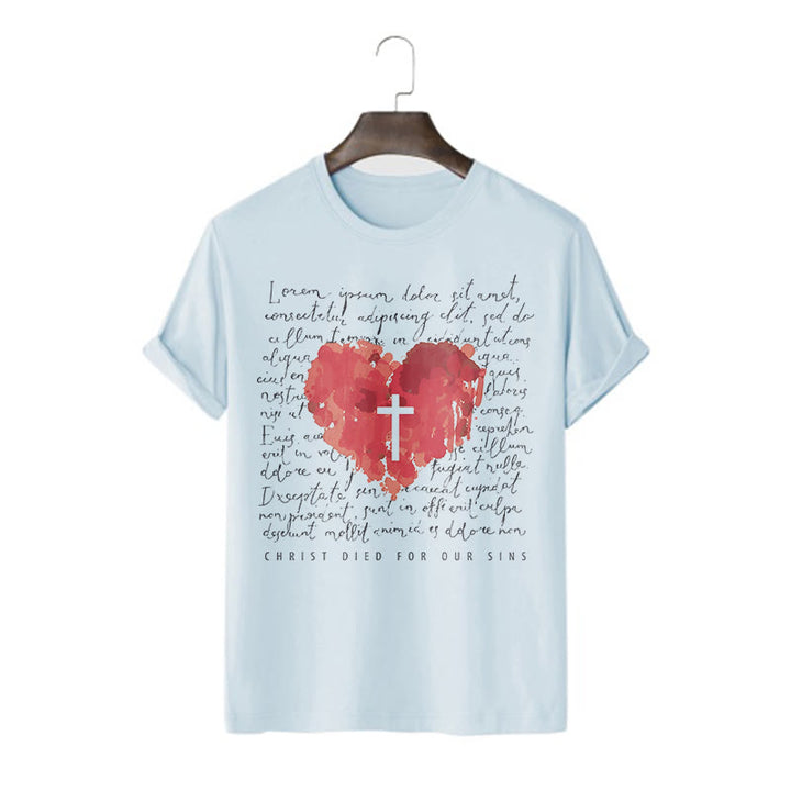 Christianartworkshop Fresh Style Cross and Heart Short Sleeve Washed T-shirt