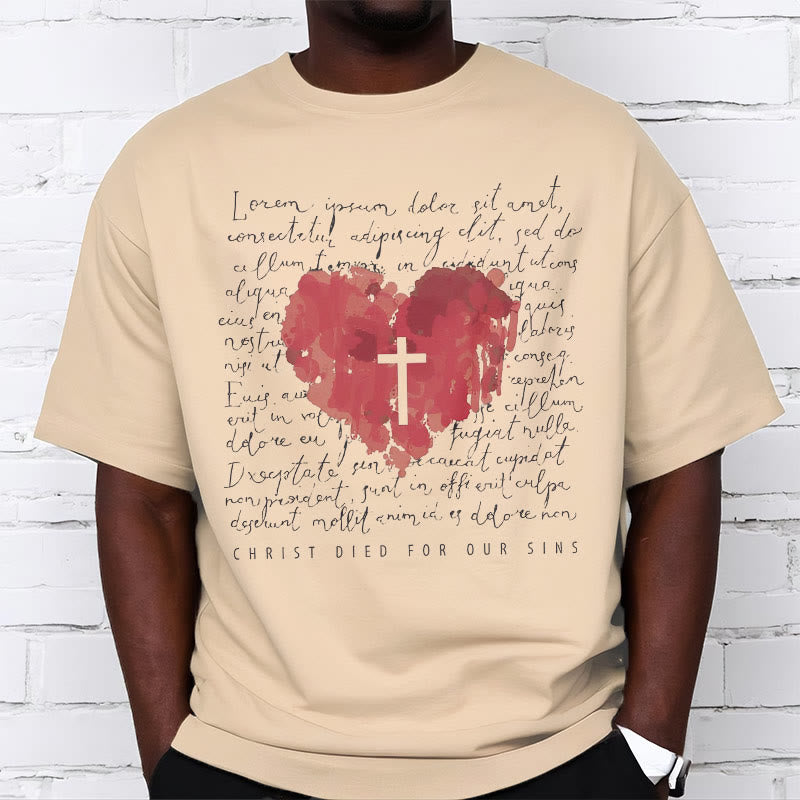 Christianartworkshop Fresh Style Cross and Heart Short Sleeve Washed T-shirt