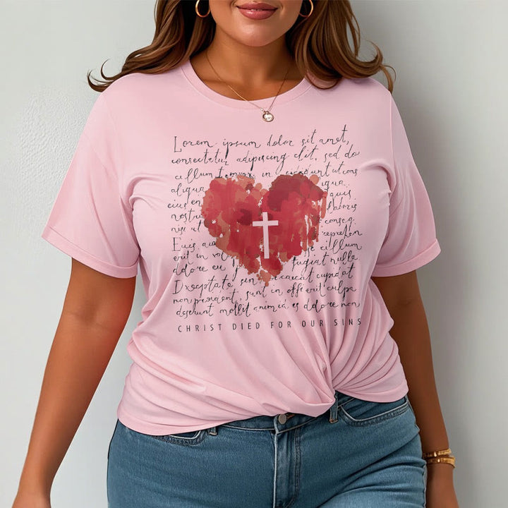 Christianartworkshop Fresh Style Cross and Heart Short Sleeve Washed T-shirt