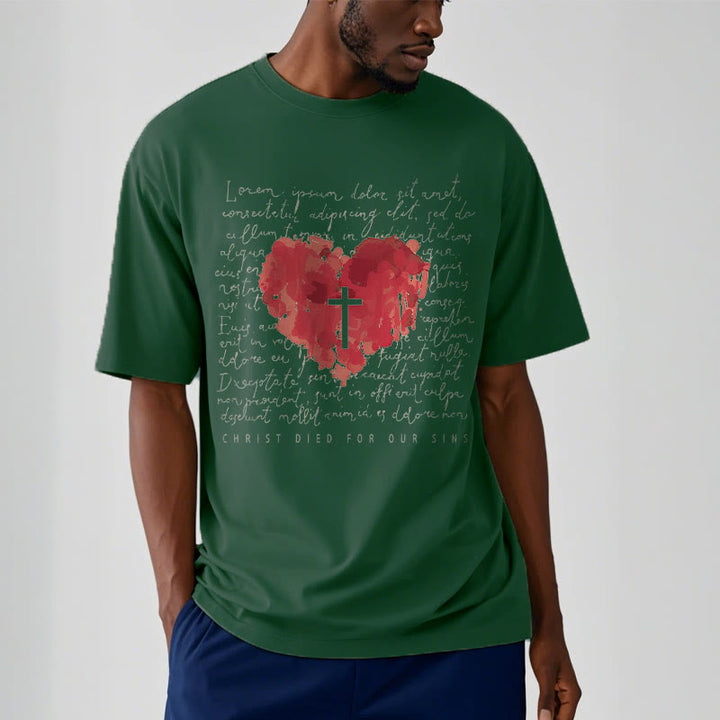 Christianartworkshop Fresh Style Cross and Heart Short Sleeve Washed T-shirt